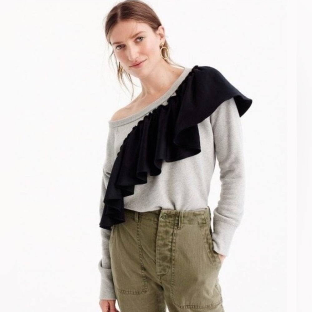 J.Crew Women's Medium Gray Asymmetrical Ruffle Pullover Long Sleeve Sweater